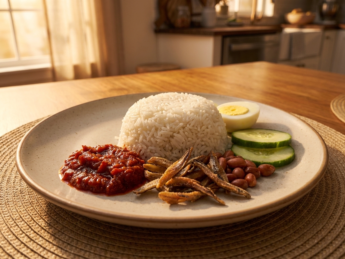 A plated Malay nasi lemak set with coconut rice, sambal, crispy anchovies, roasted peanuts, cucumber slices, and a halved boiled egg on a simple dinner plate in warm kitchen light