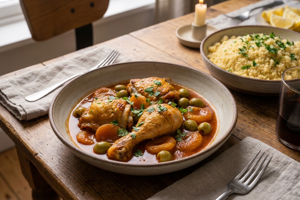 A plated Moroccan-style chicken tagine with apricots and green olives in a shallow bowl, glossy sauce pooled around the chicken, with couscous on the side on a warm-toned dinner table