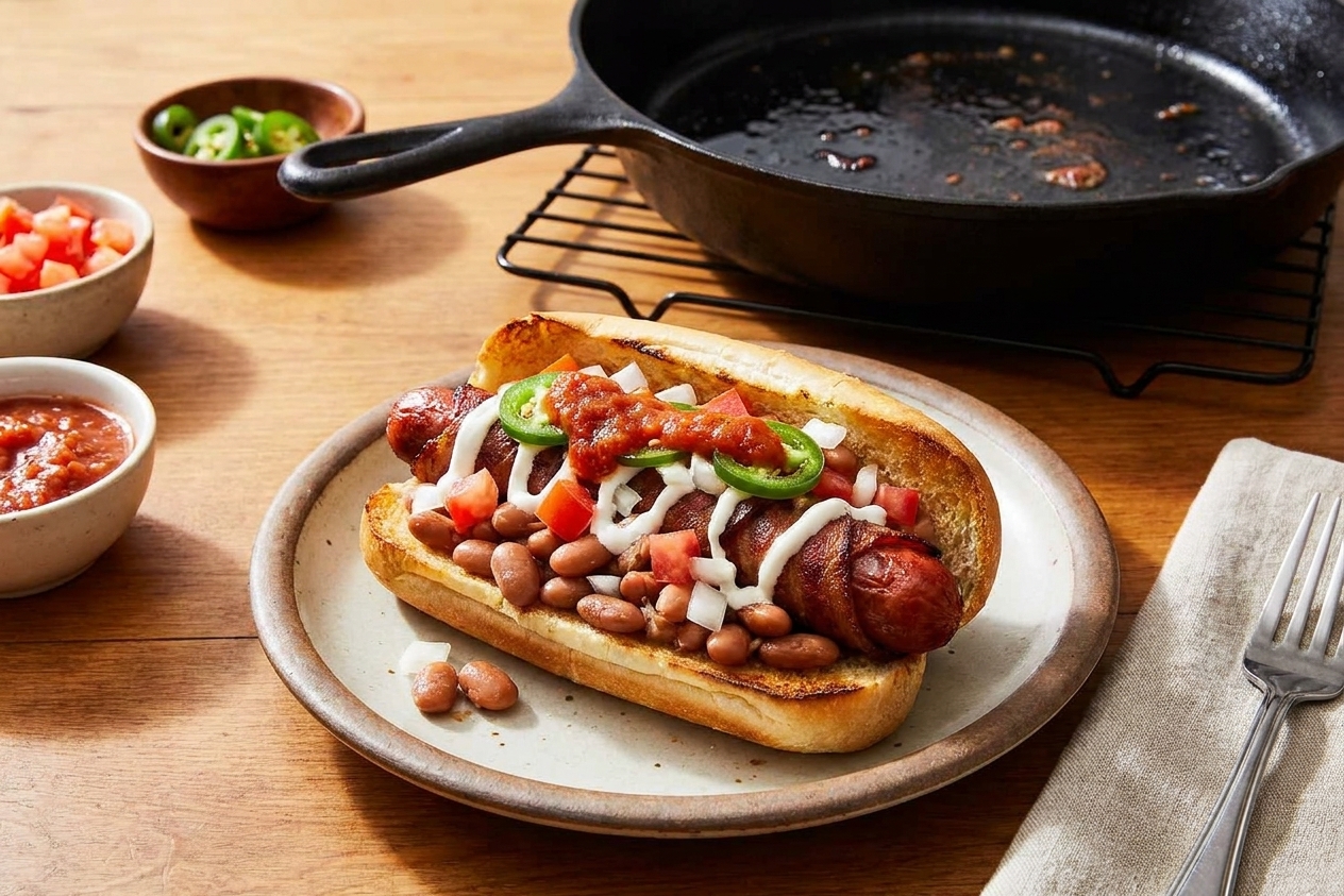 A plated Sonoran hot dog in a bolillo roll, wrapped in crisp bacon and topped with pinto beans, diced tomatoes, onions, jalapeños, crema, and salsa on a warm kitchen table
