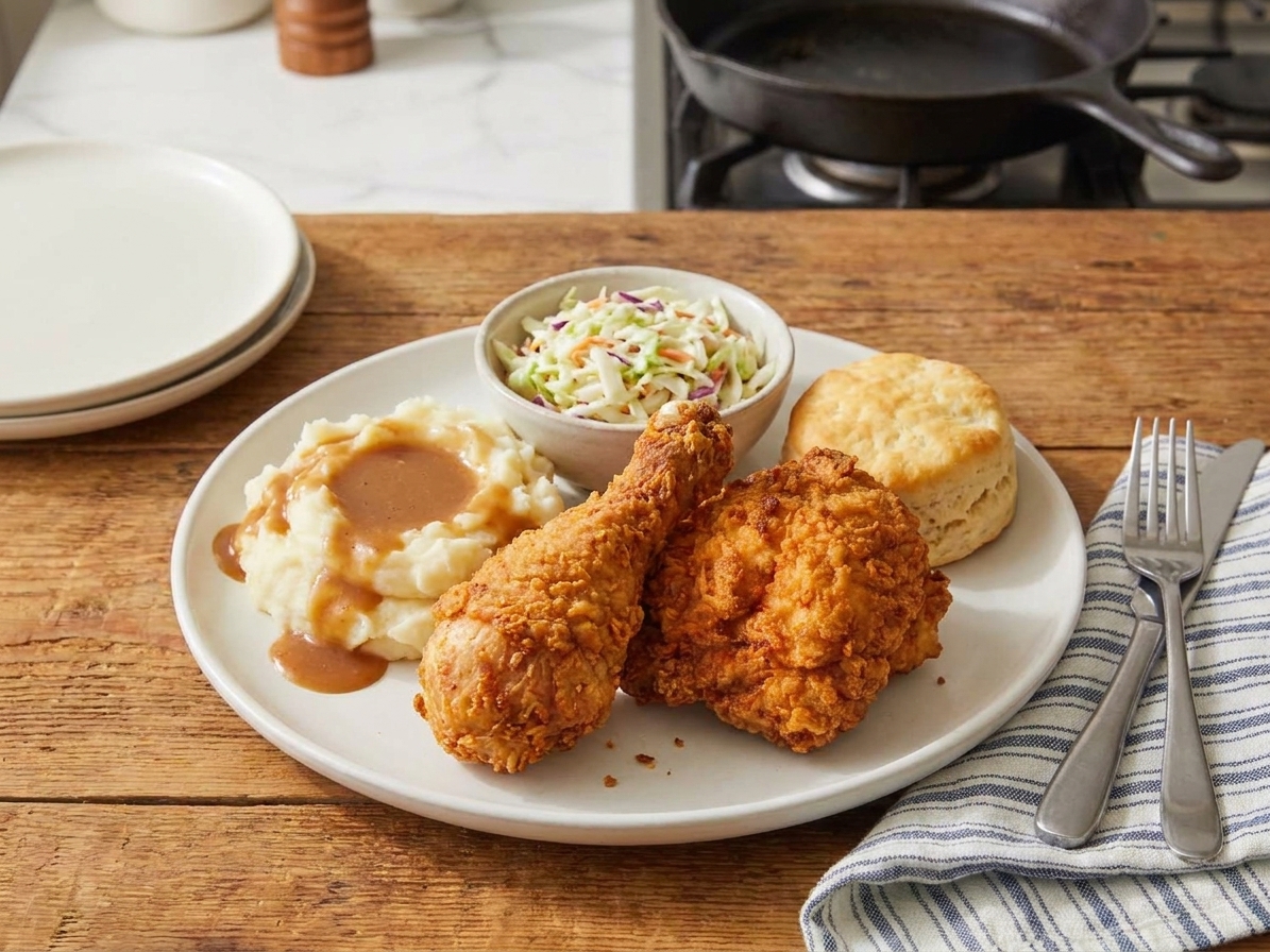 A plated Southern fried chicken dinner with a drumstick and thigh on a white plate with classic sides on a wooden table in warm light