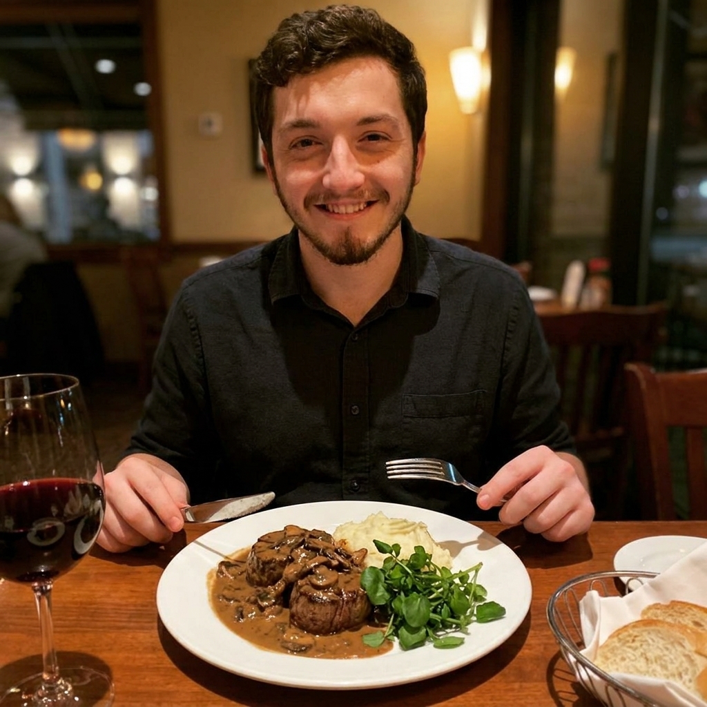 A plated Steak Diane dinner with medallion steaks topped with mushroom sauce, mashed potatoes, and watercress on a white plate