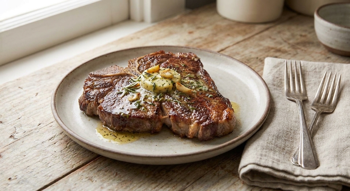 A plated T-bone steak topped with a spoonful of garlic herb butter on a simple dinner plate with a fork and linen napkin on a warm dining table