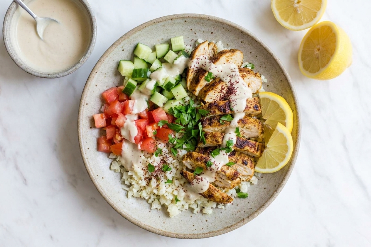 A plated Whole30 chicken shawarma bowl with sliced spiced chicken on cauliflower rice, diced cucumber and tomato, and a drizzle of lemon tahini sauce on a neutral stoneware plate on a light kitchen table