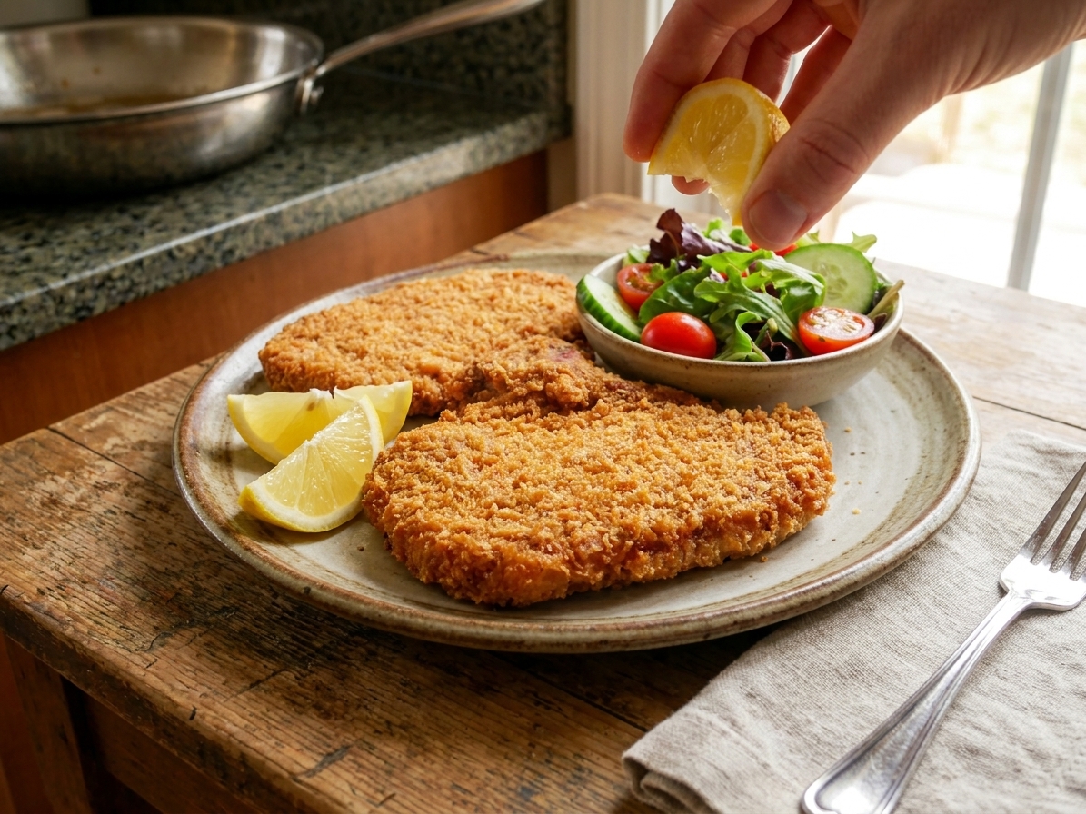A plated Wiener schnitzel with lemon wedges and a simple side salad on a wooden table with warm, natural lighting