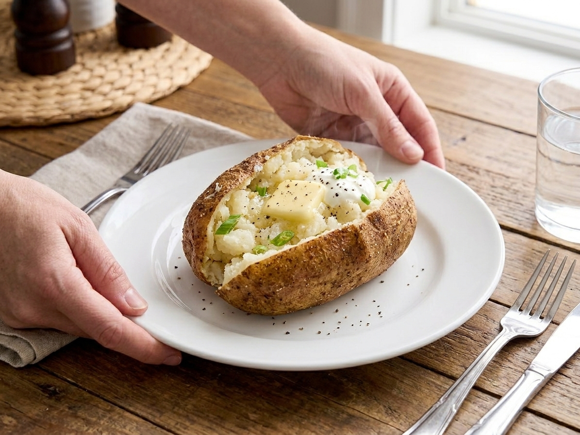 A plated air fryer baked potato split open with fluffy interior, topped with butter, sour cream, chives, and cracked black pepper on a warm dinner table