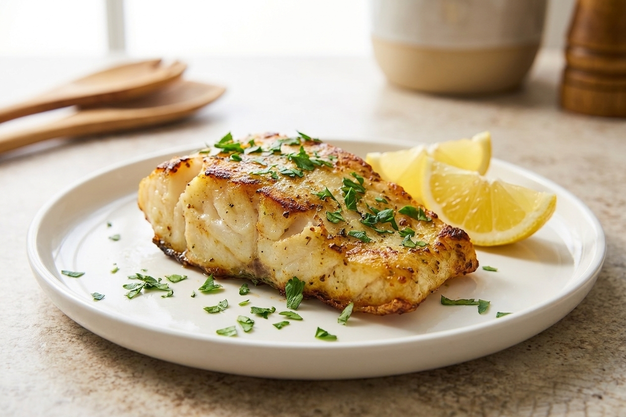 A plated air fryer cod fillet with crisp edges, lemon wedges, and chopped parsley on a simple white plate on a bright kitchen table