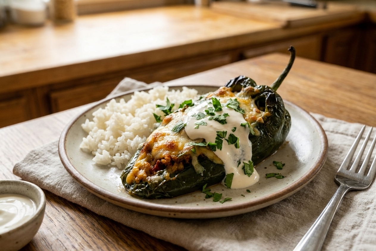 A plated baked chile relleno pepper topped with crema and cilantro, with rice on the side on a simple dining table setting