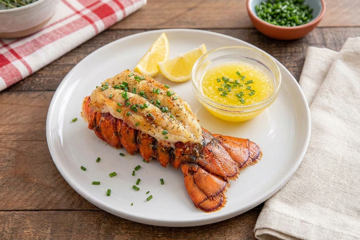 A plated baked lobster tail with lemon wedges and a small ramekin of melted garlic butter, set on a simple dinner table with a linen napkin
