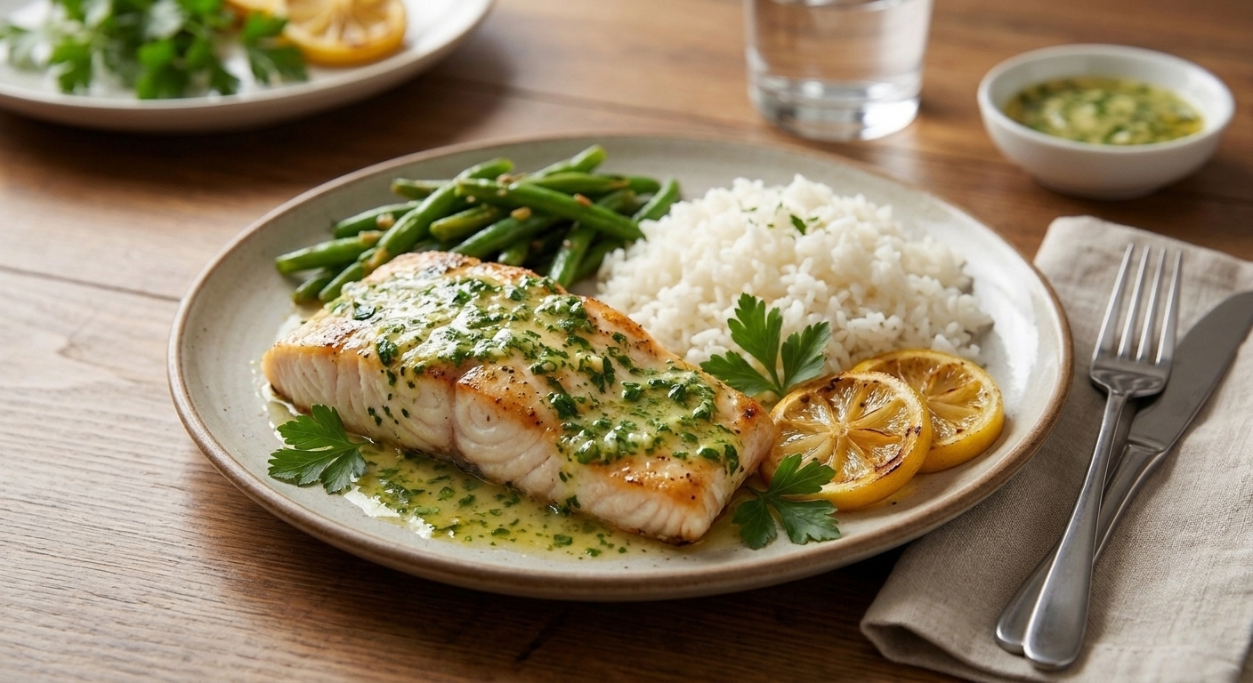 A plated baked mahi mahi fillet with lemon herb butter sauce, served with rice and green beans on a simple dinner table setting