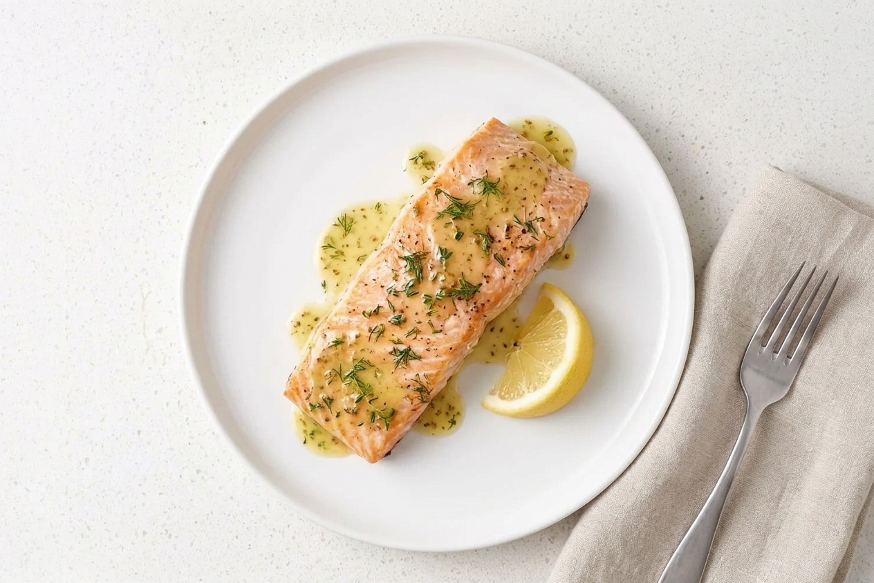 A plated baked salmon fillet with glossy lemon butter sauce, chopped herbs, and a lemon wedge on a simple dinner plate at a set table