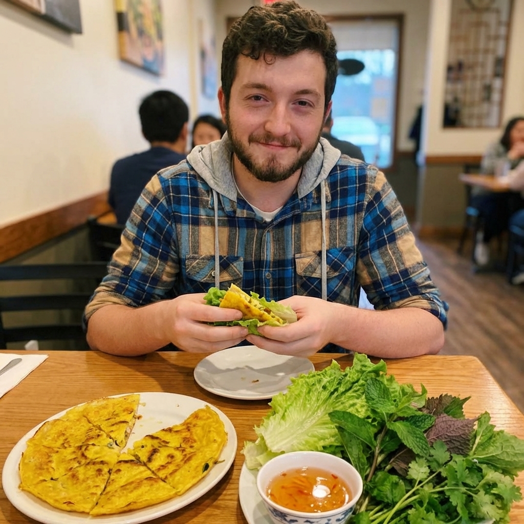 A plated banh xeo cut into wedges with lettuce leaves, fresh herbs, and a small bowl of nuoc cham dipping sauce on a wooden table