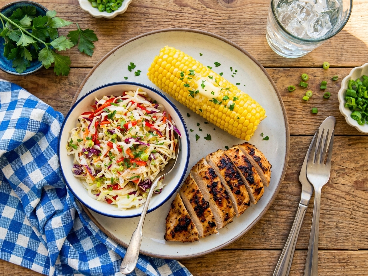 A plated barbecue meal with vinegar coleslaw in a small bowl next to sliced grilled chicken and corn on the cob on a rustic table setting