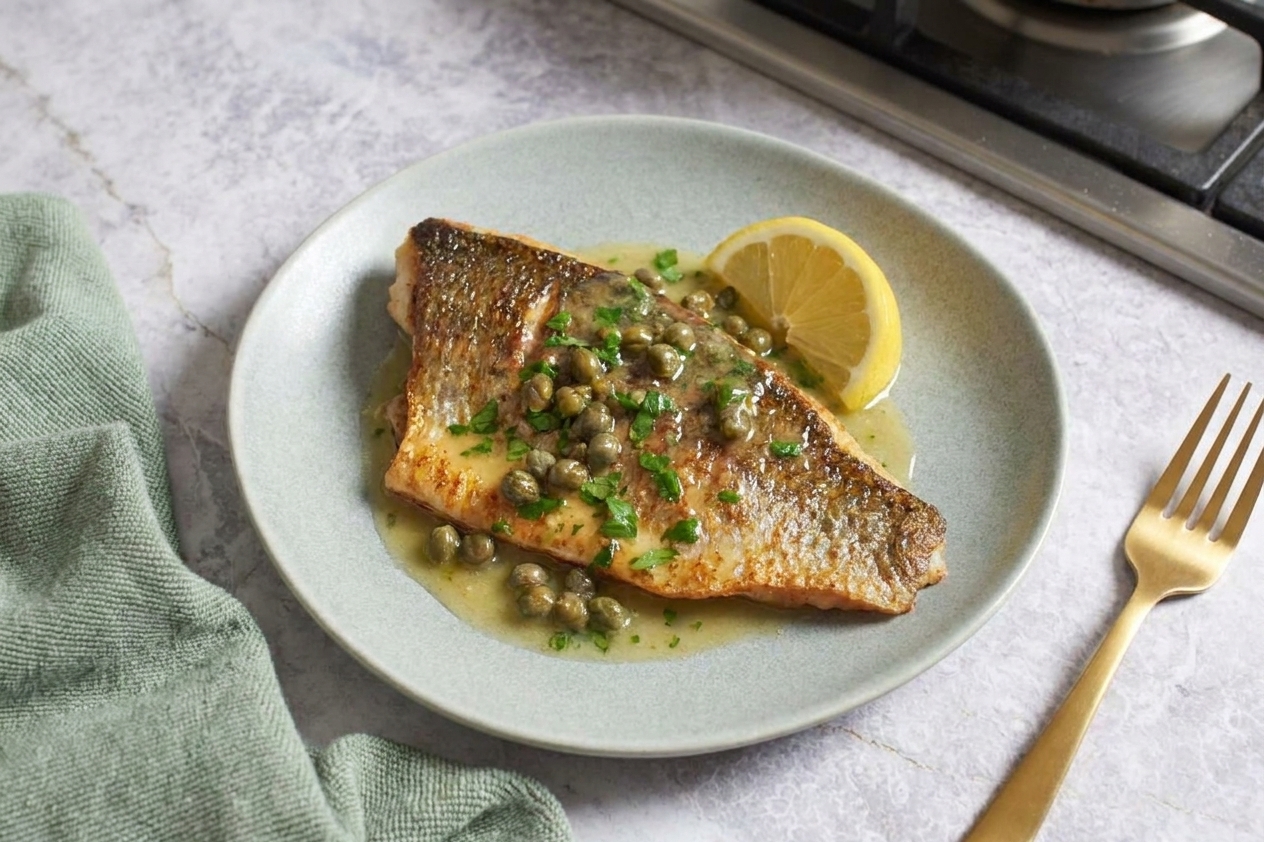 A plated barramundi fillet with crisp skin, topped with lemon-caper butter sauce and parsley, with a lemon wedge on the side