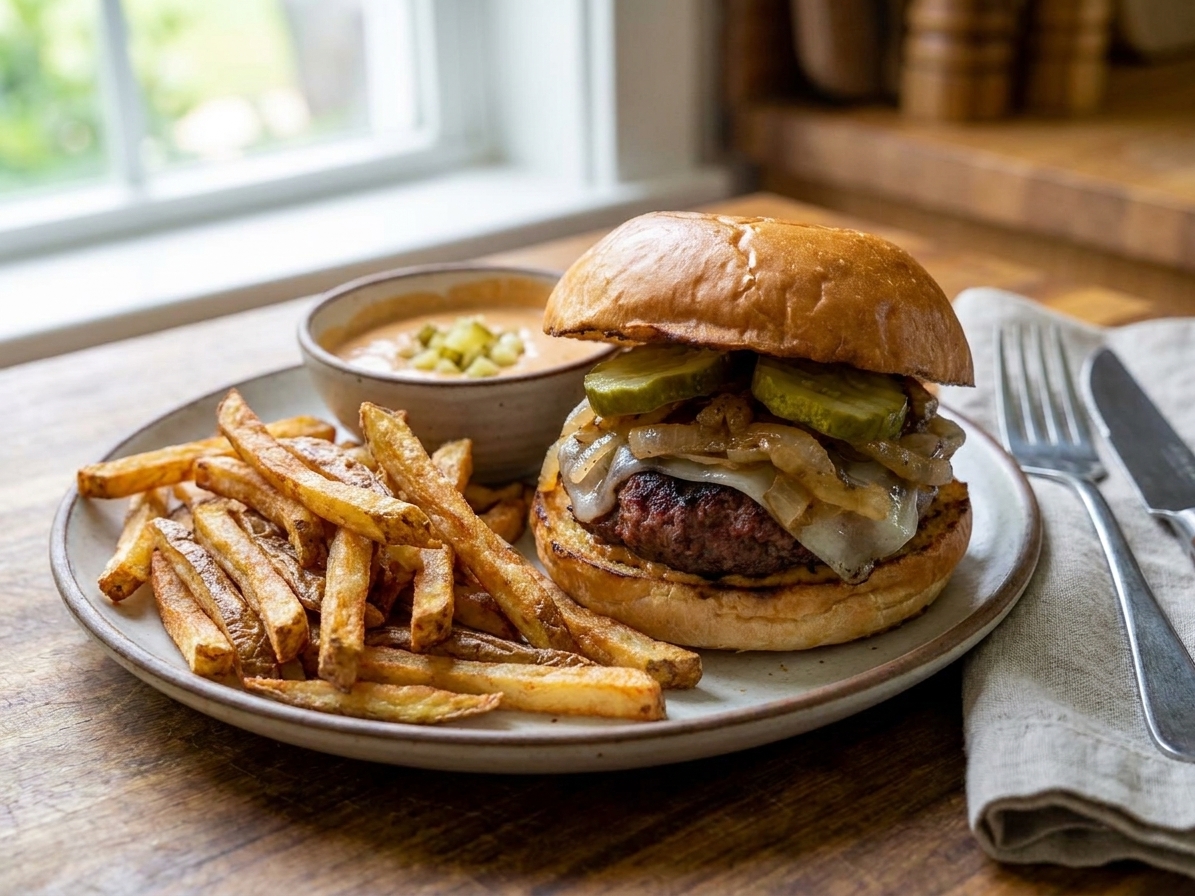 A plated bison burger with melted cheese and pickles served with crispy fries on a wooden table with simple dinner setting