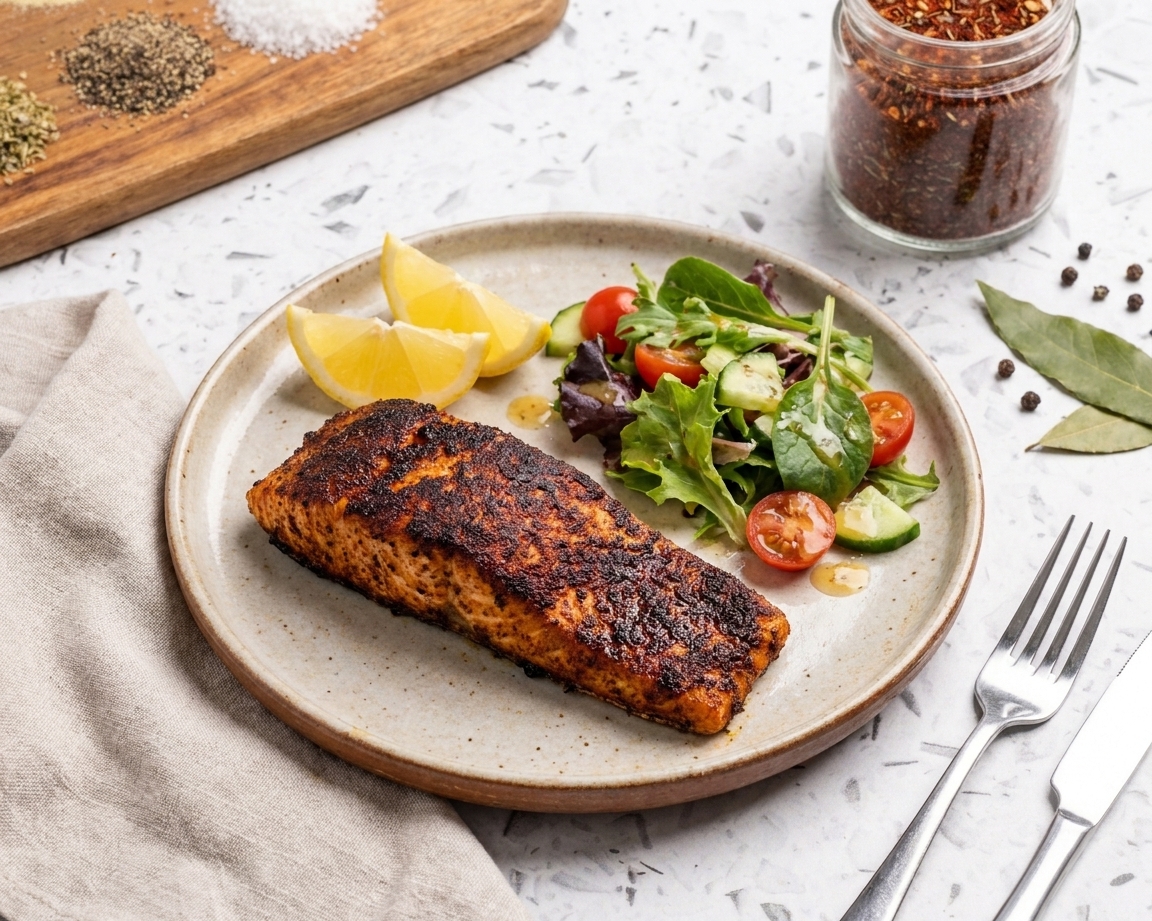 A plated blackened salmon fillet with lemon wedges and a simple side salad on a dinner table with soft natural light
