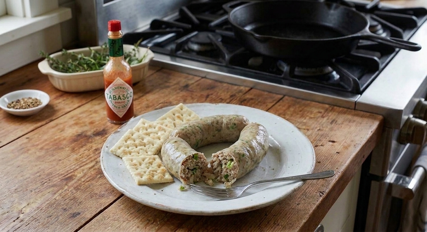 A plated boudin link split open to show the pork and rice filling, served with crackers and a small bottle of hot sauce on a wooden table