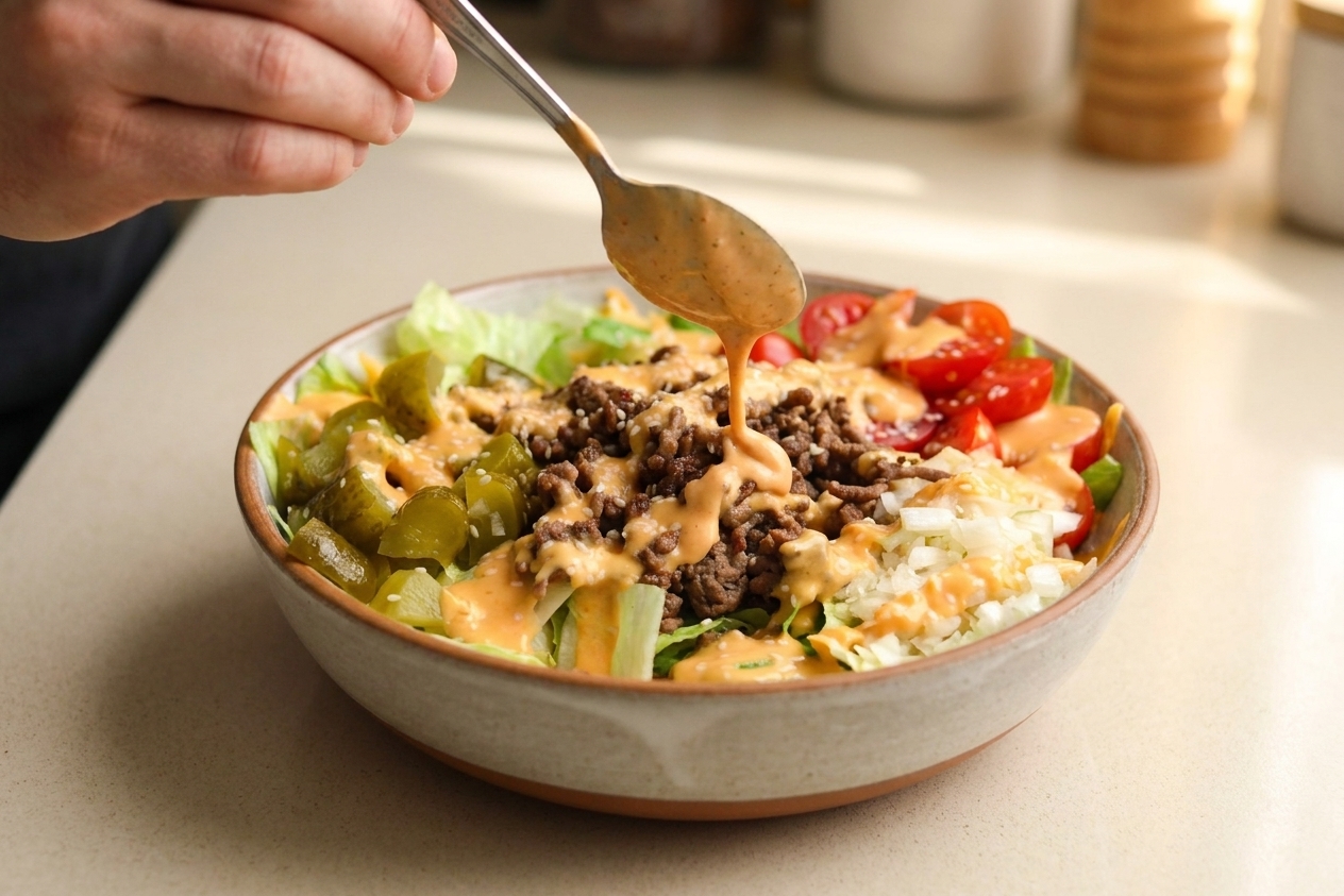A plated bowl of Big Mac salad being drizzled with creamy special sauce from a spoon, with pickles and cheddar visible
