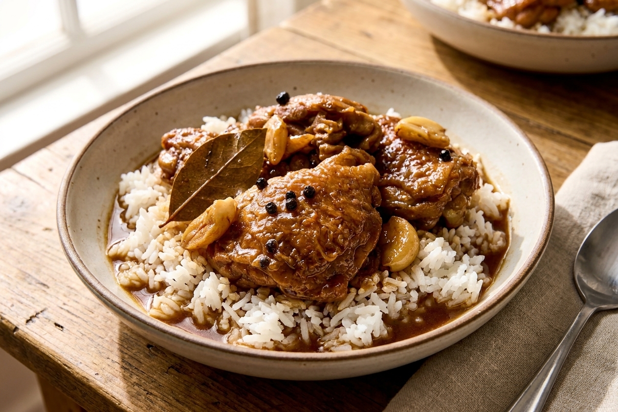 A plated bowl of Filipino chicken adobo with glossy soy-vinegar sauce and bay leaves, served over steamed white rice on a neutral kitchen table with warm natural light