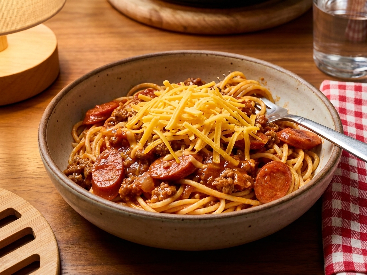 A plated bowl of Filipino spaghetti with a glossy sweet-savory red sauce, sliced hot dogs, and a generous sprinkle of shredded cheddar cheese on top, set on a warmly lit dinner table