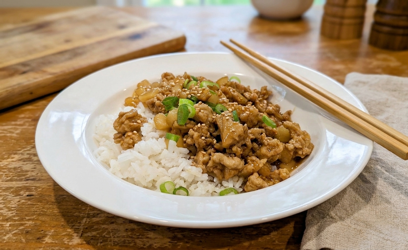 A plated bowl of General Joe's chicken over white rice, topped with scallions and sesame seeds on a kitchen table