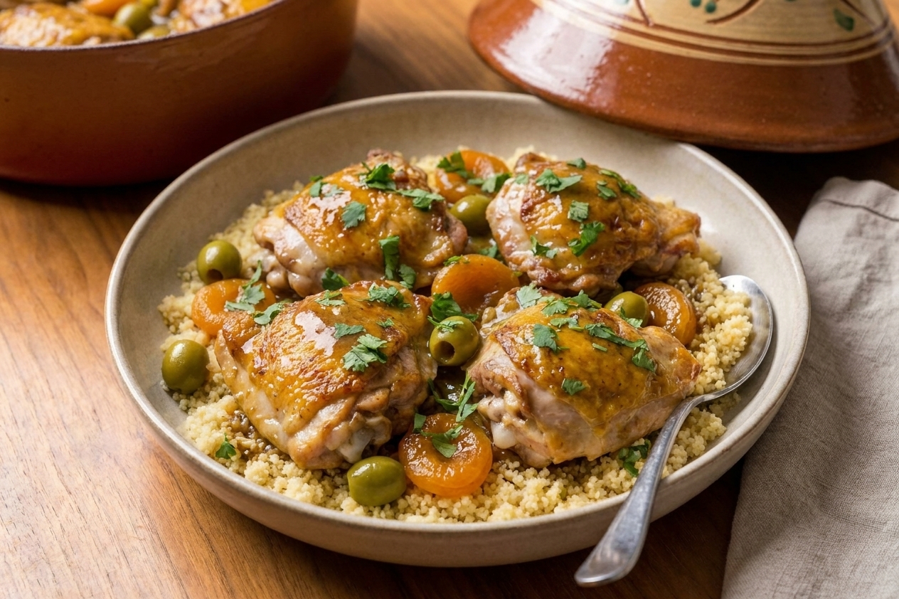 A plated bowl of Moroccan-inspired chicken tagine with apricots and green olives, glossy sauce, and fresh cilantro on top, set on a warm-toned table