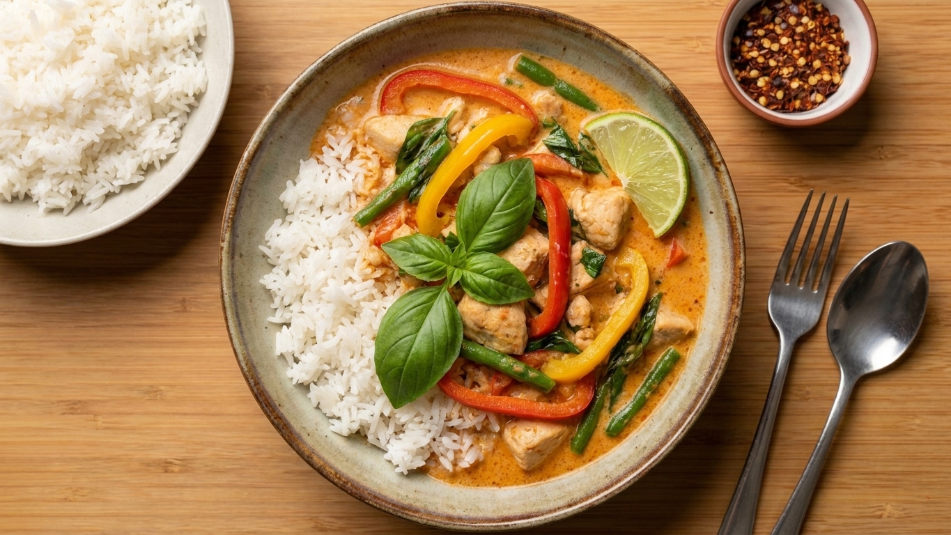 A plated bowl of Thai red curry served over jasmine rice, topped with fresh basil leaves on a simple dinner table