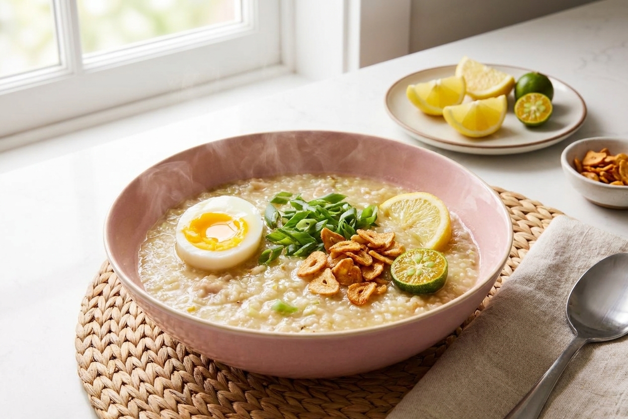 A plated bowl of arroz caldo topped with soft-boiled egg, sliced scallions, crispy garlic, and a citrus wedge on a simple dinner table setting