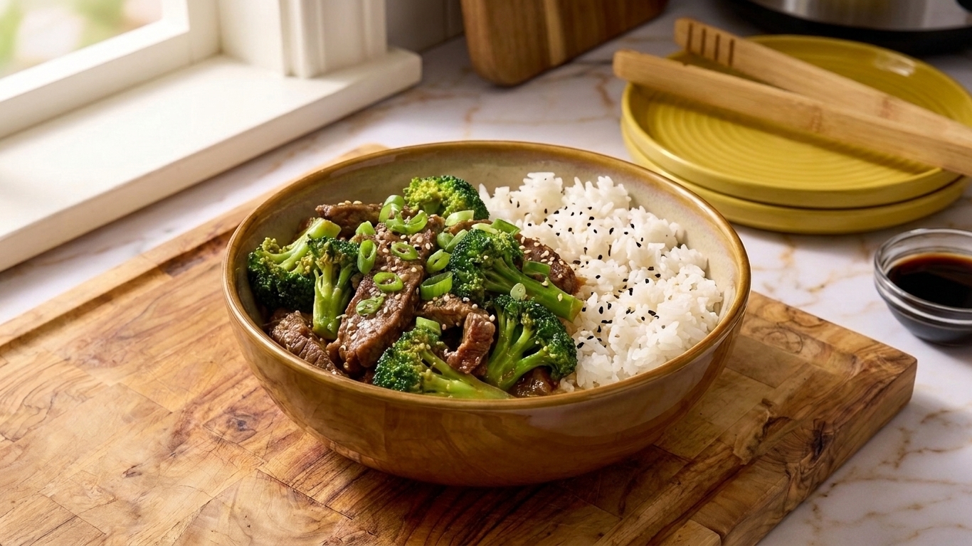 A plated bowl of beef and broccoli over white rice with sliced green onions and sesame seeds on a simple table setting in warm light