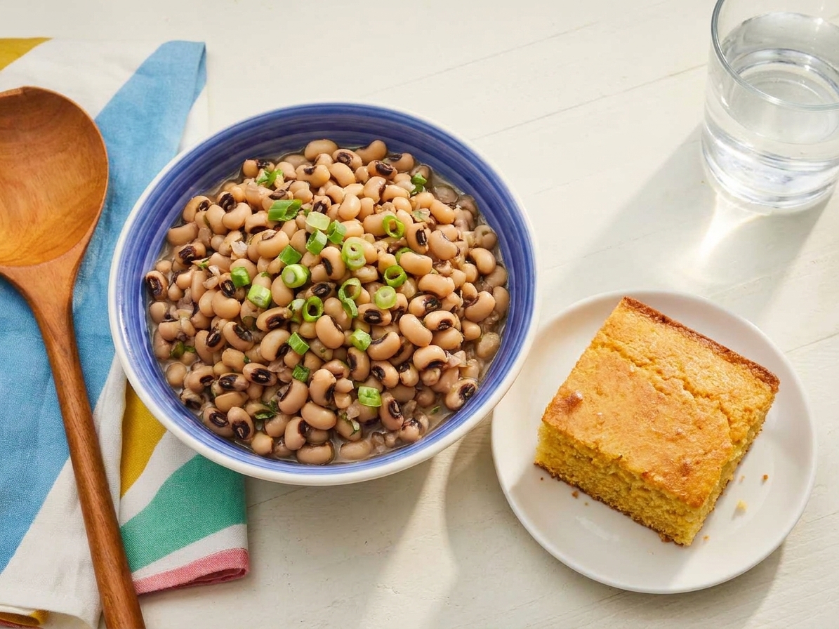 A plated bowl of black-eyed peas topped with sliced green onions beside a piece of cornbread on a simple dinner table setting