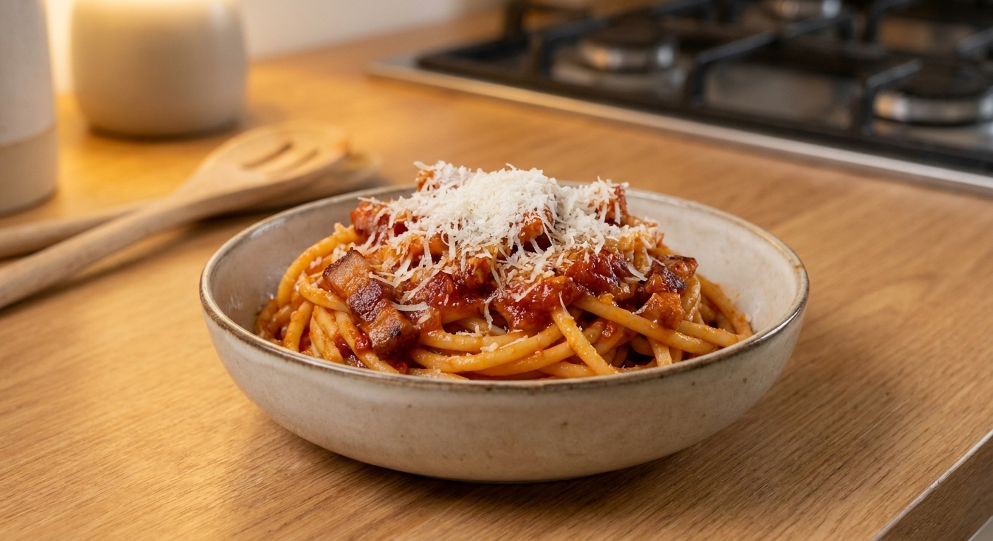 A plated bowl of bucatini all’amatriciana with glossy red sauce, crispy guanciale pieces, and freshly grated Pecorino Romano on top, set on a simple wooden table with warm natural light