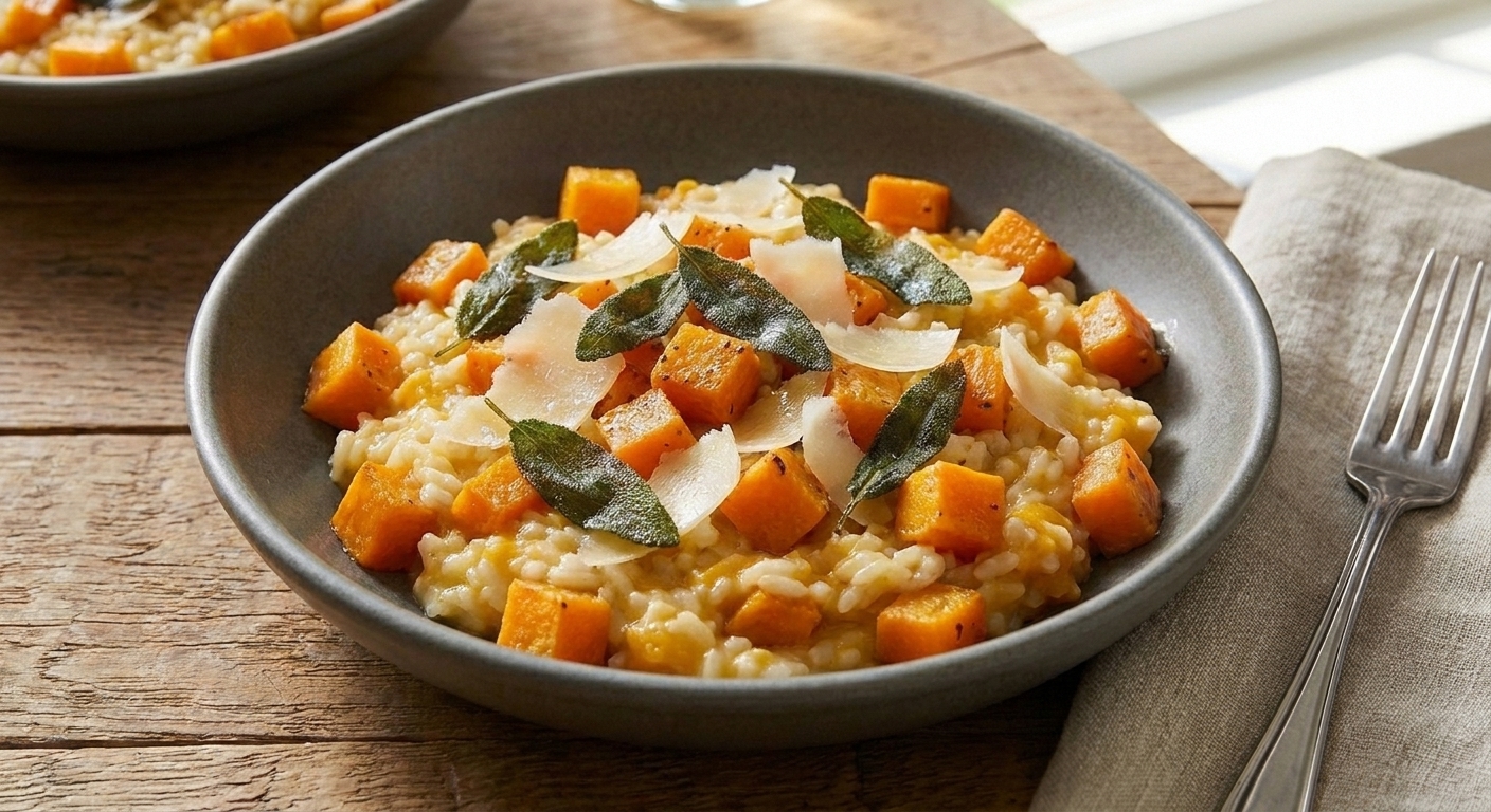 A plated bowl of butternut squash risotto topped with crispy sage leaves and shaved Parmesan on a simple dinner table setting
