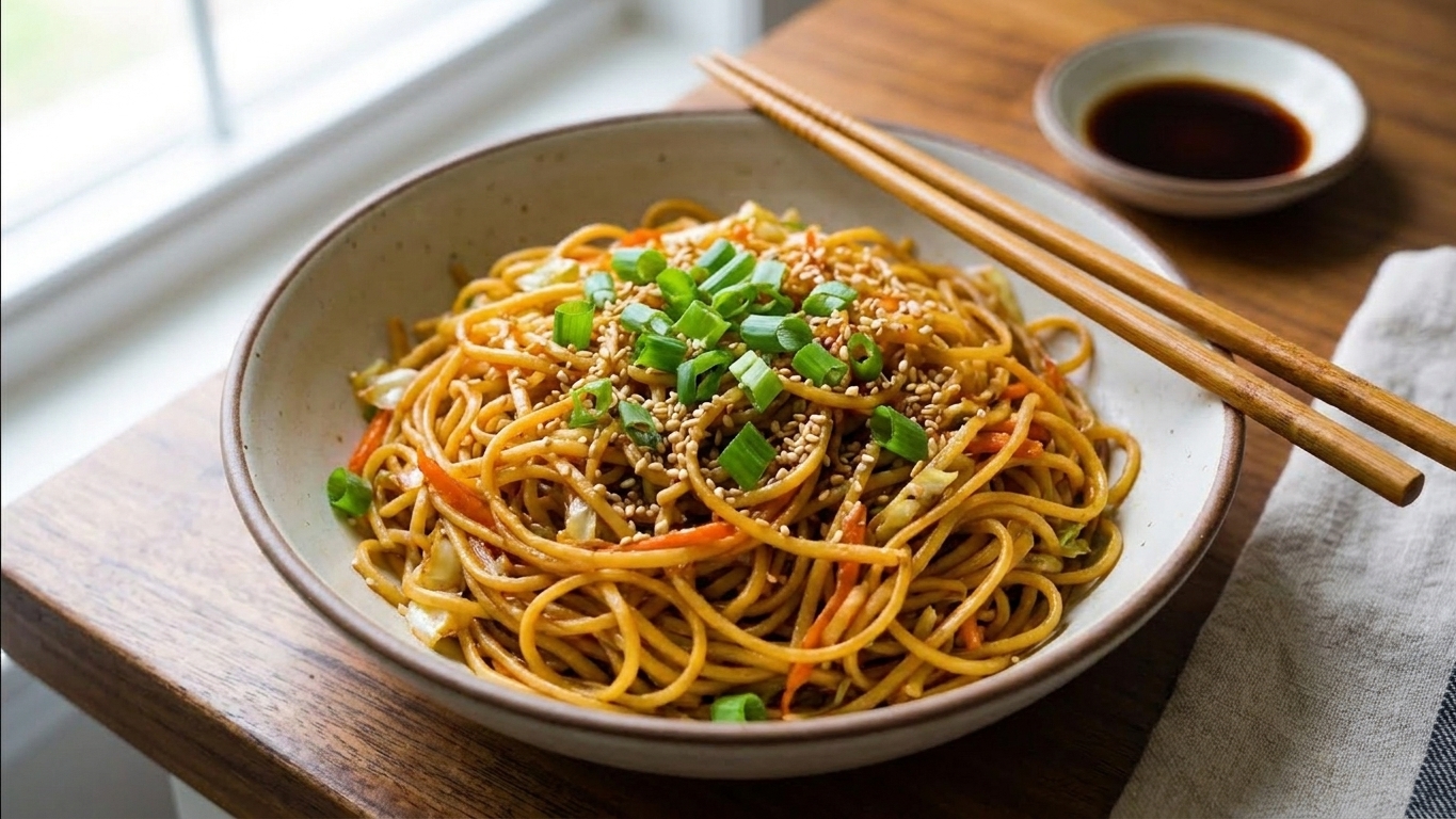 A plated bowl of chaomin noodles topped with scallions and sesame seeds on a simple dinner table setting