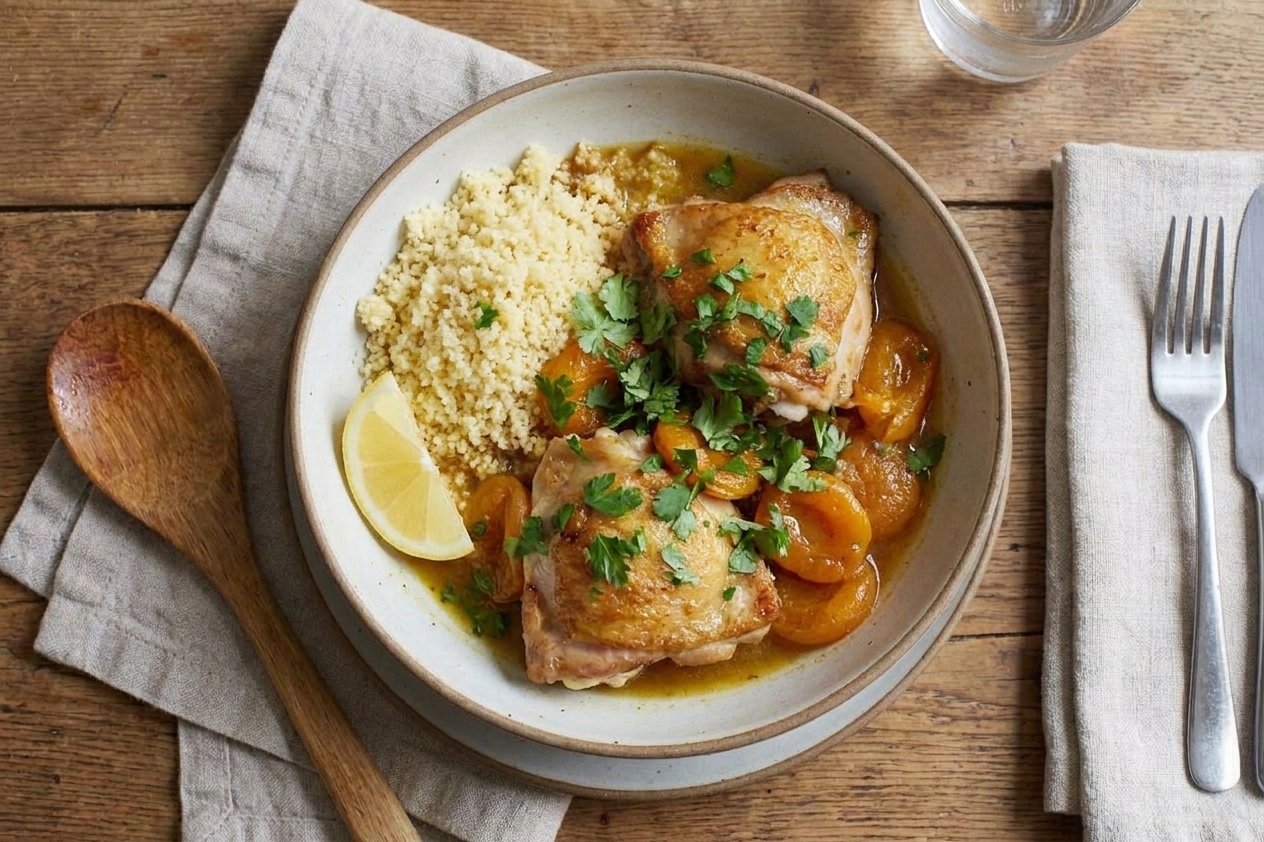 A plated bowl of chicken and apricot tagine topped with fresh herbs, served with couscous and a lemon wedge on a simple table setting