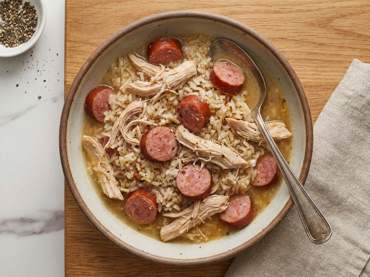 A plated bowl of chicken bog with sliced sausage and shredded chicken, served with a spoon on a simple dinner table setting