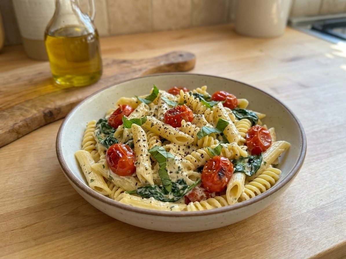A plated bowl of creamy Boursin pasta with burst tomatoes and wilted spinach, finished with basil and cracked black pepper on a simple dinner table setting