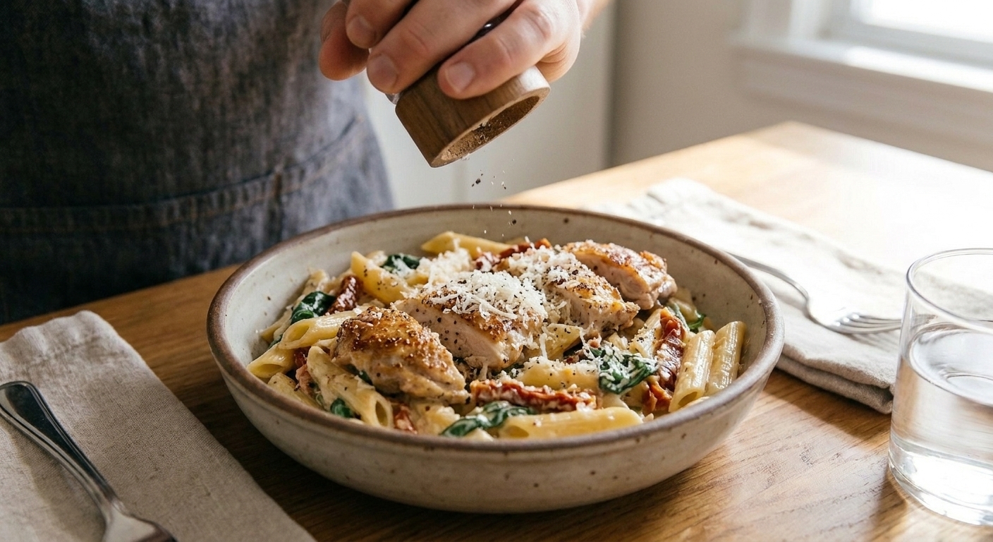 A plated bowl of creamy Tuscan chicken pasta topped with grated Parmesan and cracked black pepper on a simple dinner table setting