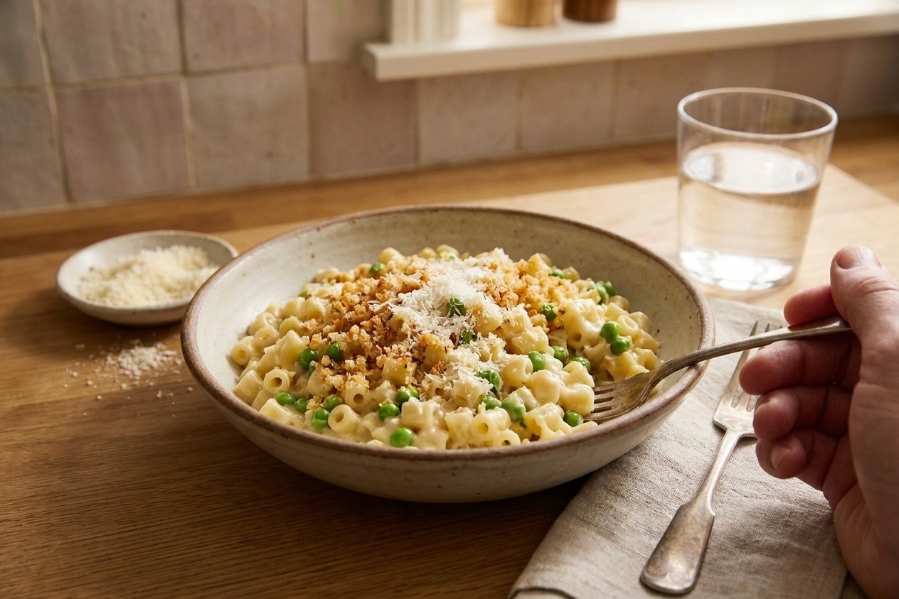 A plated bowl of creamy ditalini pasta with peas topped with crunchy garlic breadcrumbs and extra Parmesan on a simple table setting