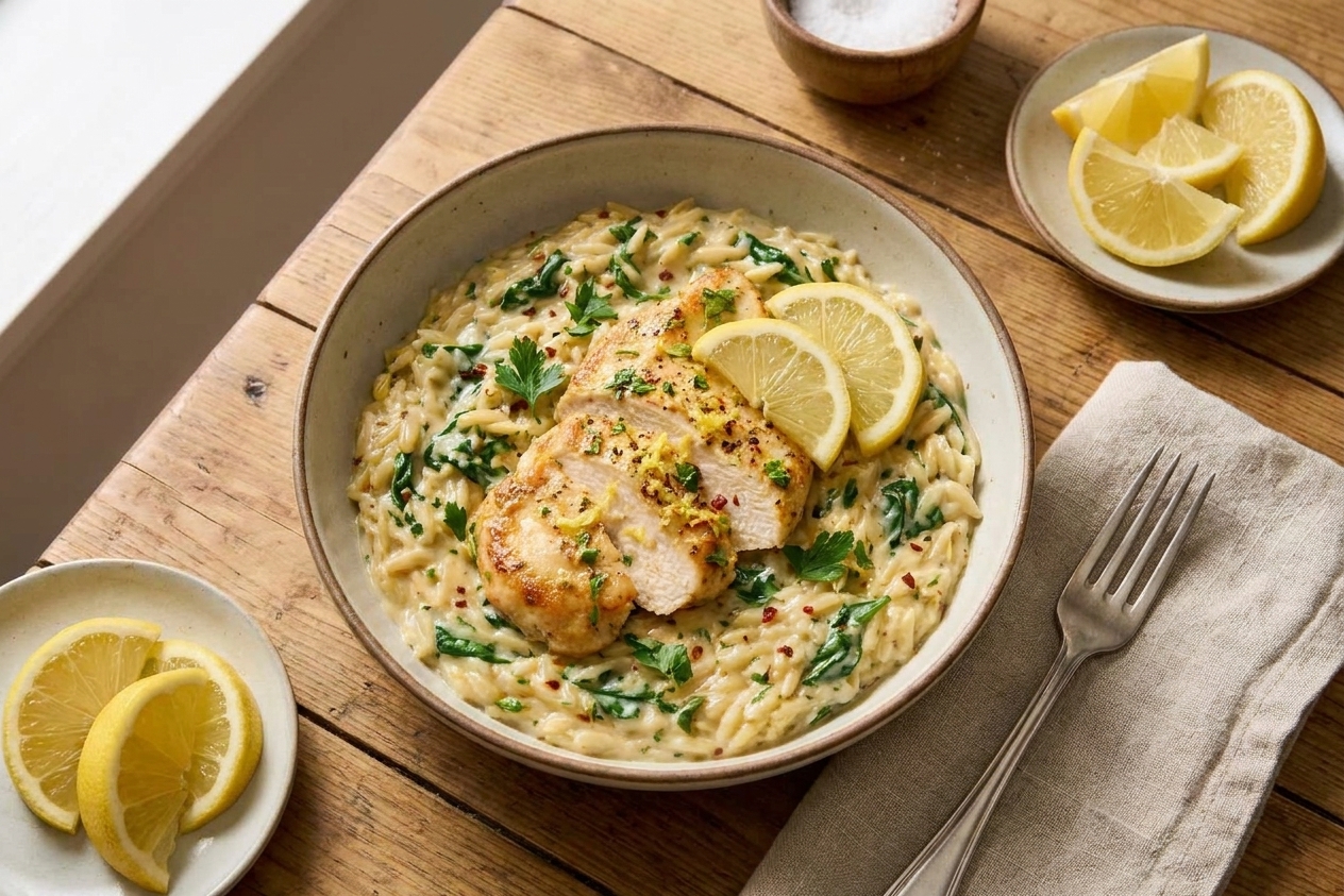 A plated bowl of creamy lemon chicken orzo with spinach on a dining table set with forks, napkins, and lemon wedges
