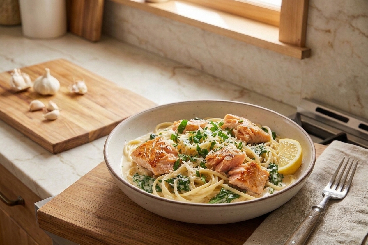 A plated bowl of creamy lemon salmon pasta with flaky salmon pieces, fresh parsley, and a lemon wedge on a simple wooden table setting in warm natural light