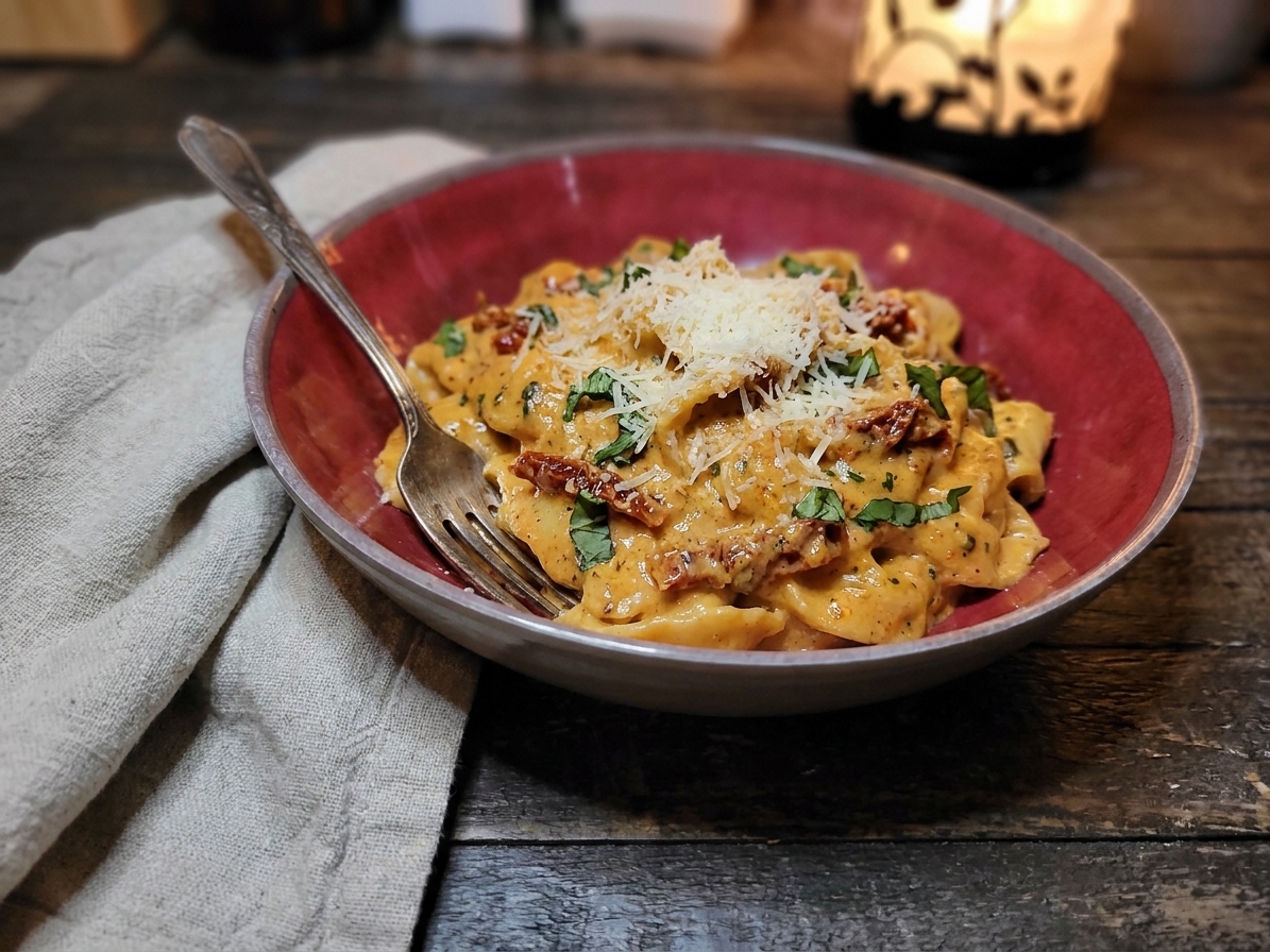 A plated bowl of creamy marry me pasta with sun-dried tomatoes and grated Parmesan on a rustic wooden table with a fork and linen napkin, warm kitchen lighting