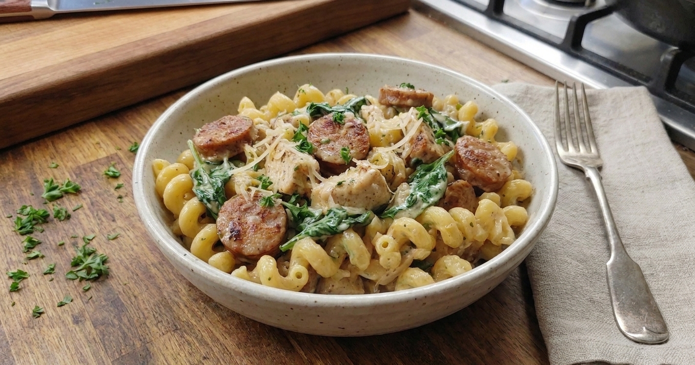 A plated bowl of creamy pasta with browned crumbled turkey sausage, wilted spinach, and grated Parmesan on top, set on a wooden table with a fork and linen napkin