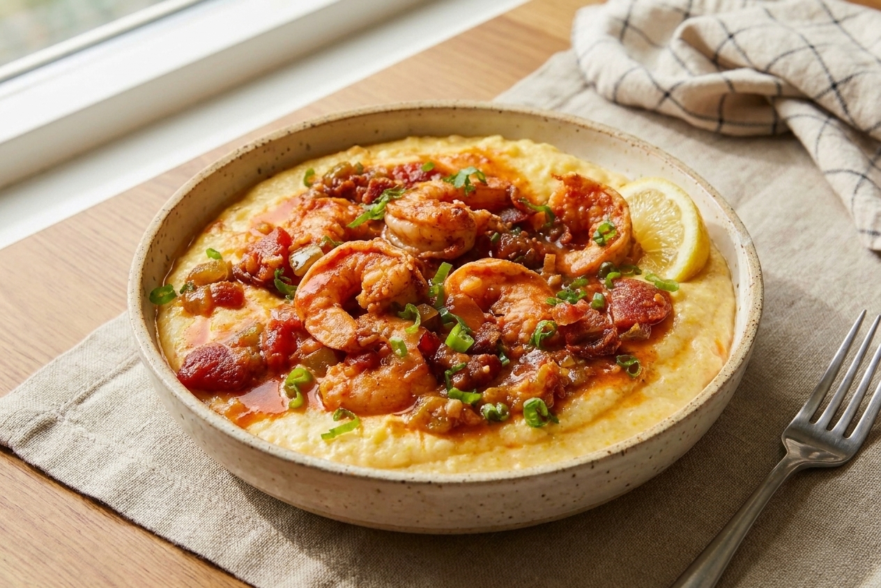 A plated bowl of creamy shrimp and grits topped with seared shrimp, crispy bacon, scallions, and a lemon wedge on a simple dinner table setting