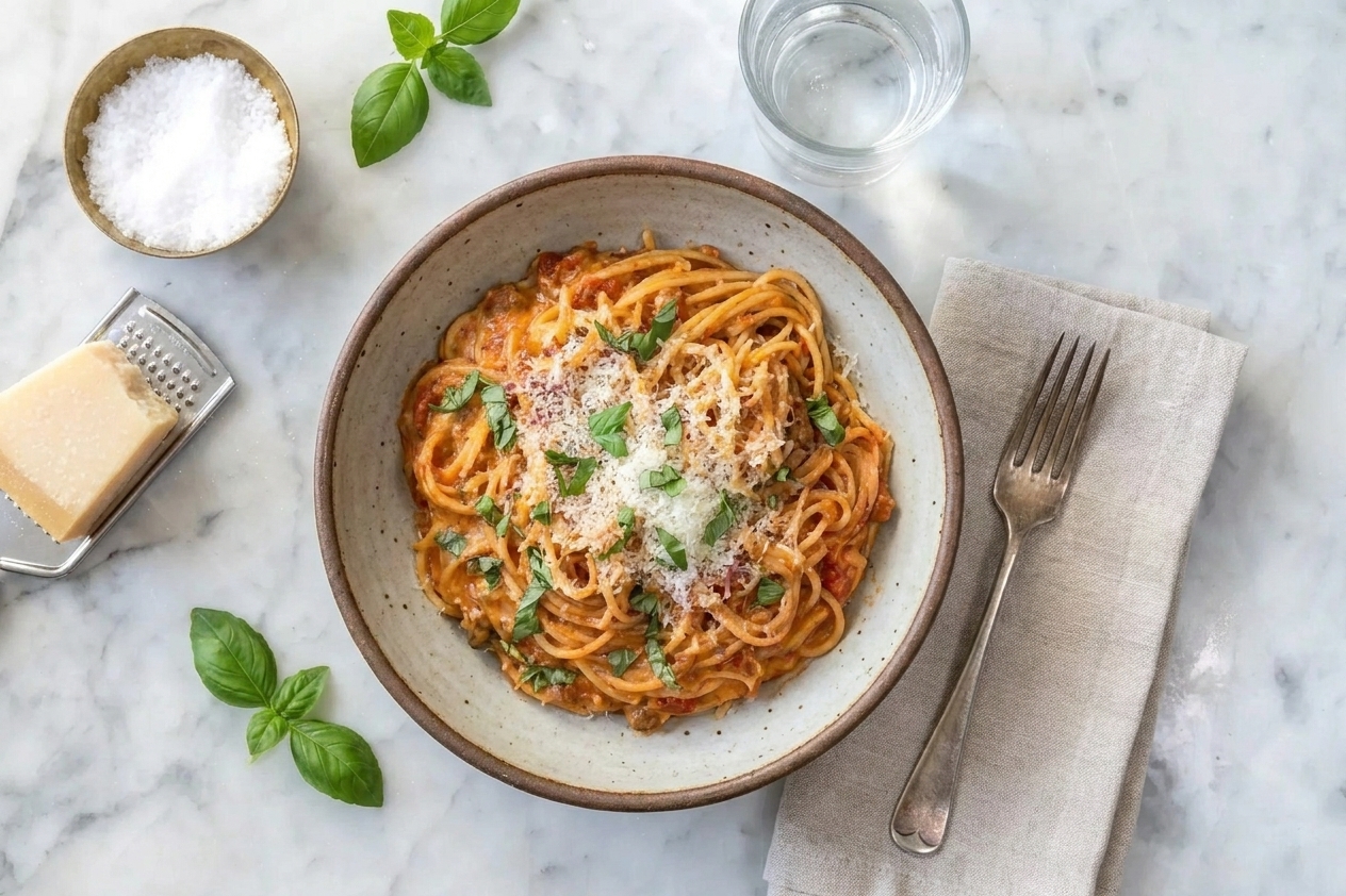 A plated bowl of creamy tomato pasta topped with Parmesan and basil on a dinner table with simple place settings