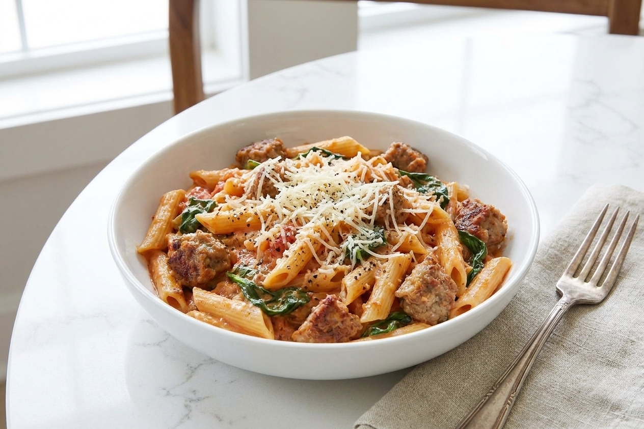 A plated bowl of creamy tomato sausage pasta topped with Parmesan and black pepper on a dinner table with a fork beside it
