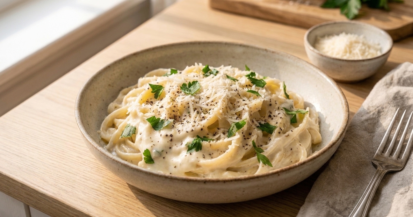 A plated bowl of creamy white sauce pasta garnished with chopped parsley and grated Parmesan on a simple table setting