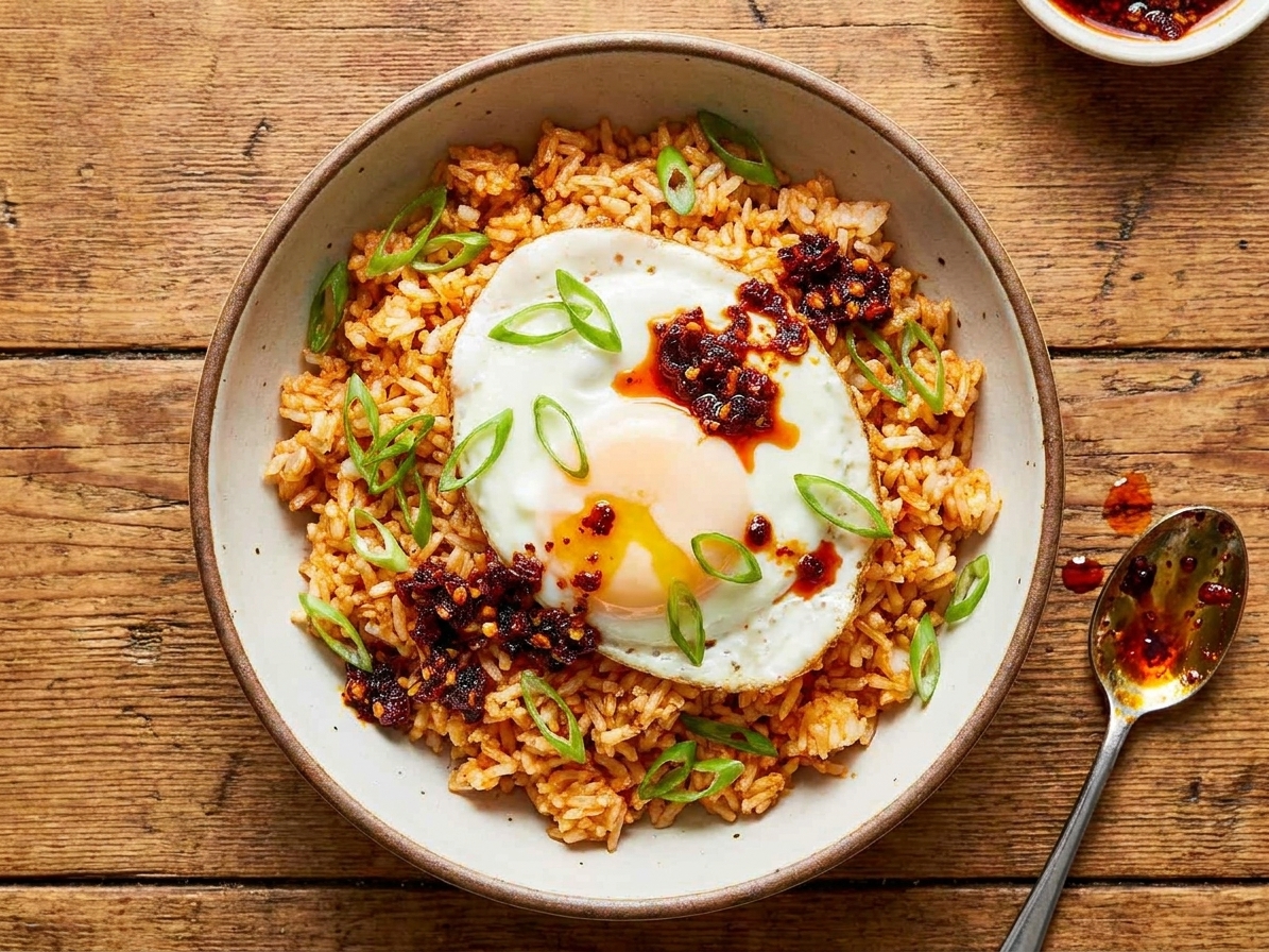 A plated bowl of crispy fried rice topped with a soft-set egg, sliced scallions, and a spoonful of chili crisp on a wooden table