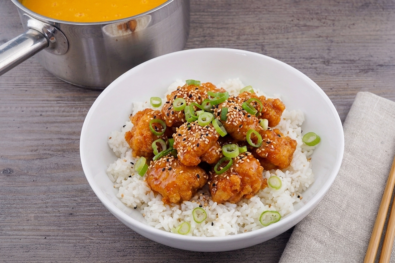 A plated bowl of crispy orange chicken over steamed rice with sliced scallions and sesame seeds on a simple dining table setting