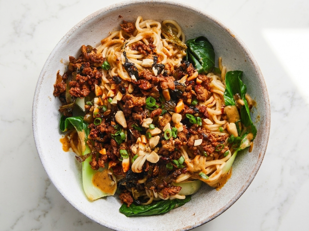 A plated bowl of dan dan mian noodles topped with browned pork, bok choy, chopped peanuts, scallions, and a drizzle of chili oil on a simple table setting