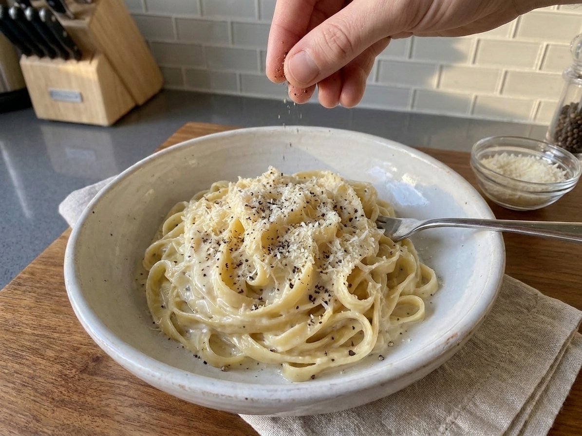 A plated bowl of fettuccine Alfredo with a glossy cream sauce, topped with grated Parmesan and cracked black pepper on a simple dinner table setting