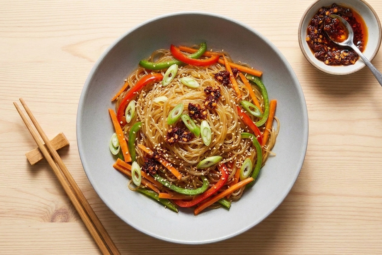 A plated bowl of glass noodle stir-fry topped with sliced green onions and sesame seeds on a wooden table